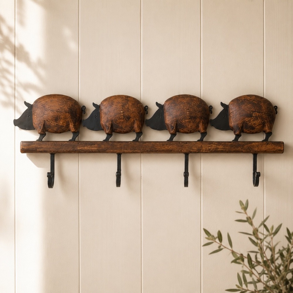 Vintage Wooden Pig Wall Hook Rack Carved Wood Rustic Farmhouse Decor 4 Hooks